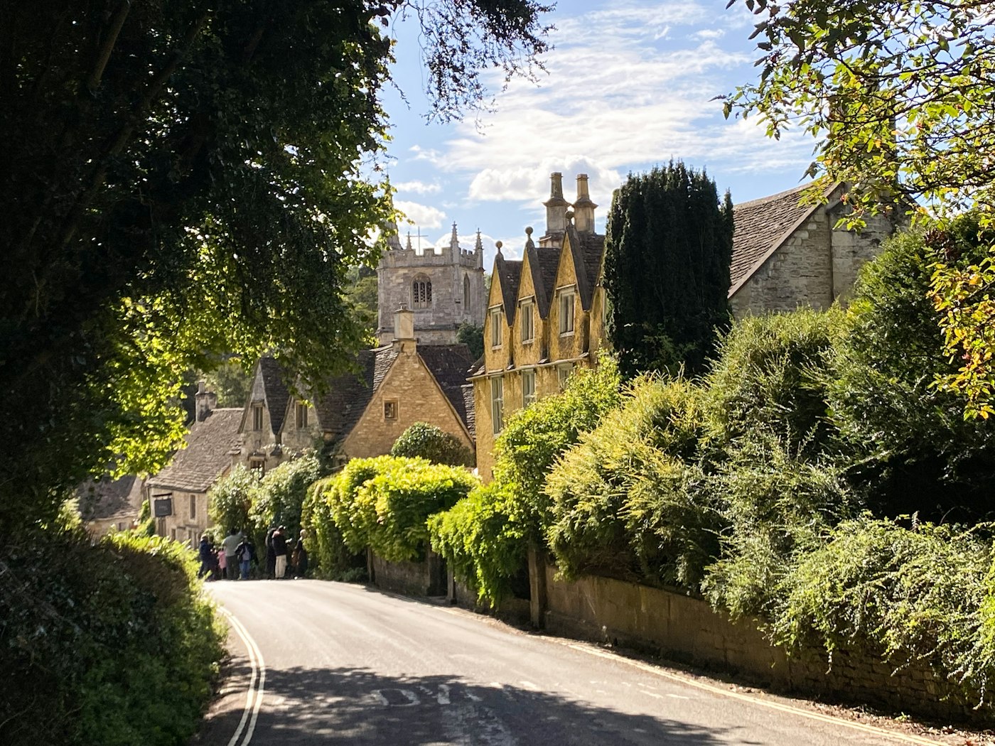 A village road lined with historic houses